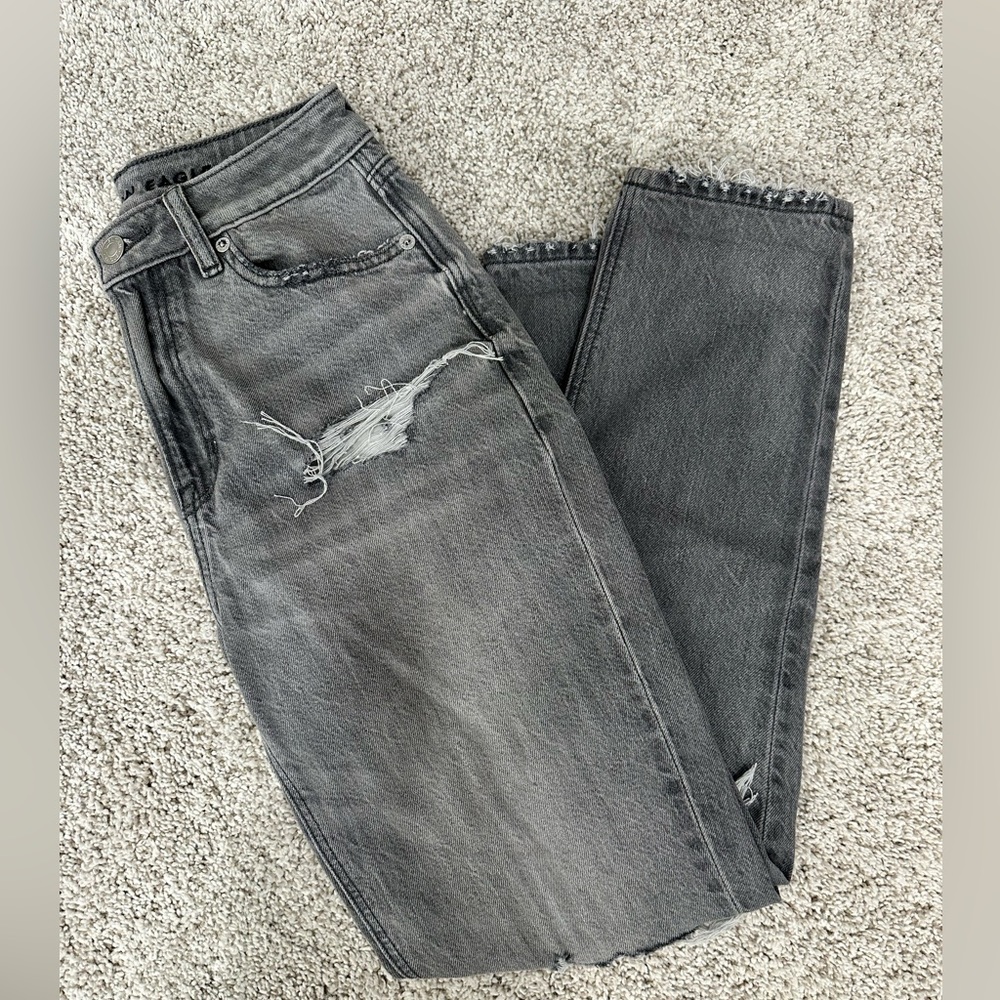 AE women’s distressed grey mom jeans